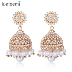 LUOTEEMI Bohemia Style Gold Color Drop Earrings For Women Shin CZ Stone Imitation Pearl India Style Dangle Earring Fashion Gift