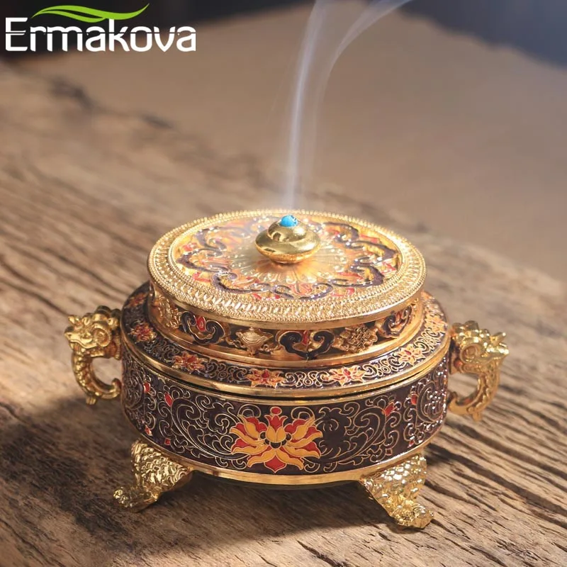 ERMAKOVA Incense Holders Incense Burner Tibetan Style Painted Enamel Zinc Alloy Coil Incense Holder Home Office Decoration Gift