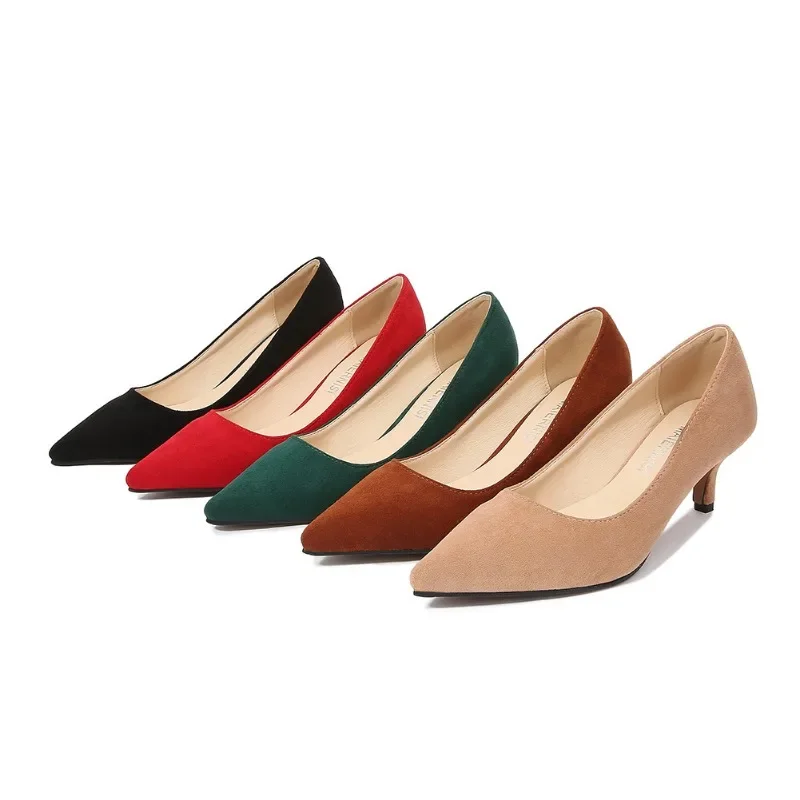 Low Heel Pumps Lady Pointed Toe Kitten Heels Female Green Flock Plus Size 43 44 45 46 Red Shoes 2023 Women 5cm High Heels