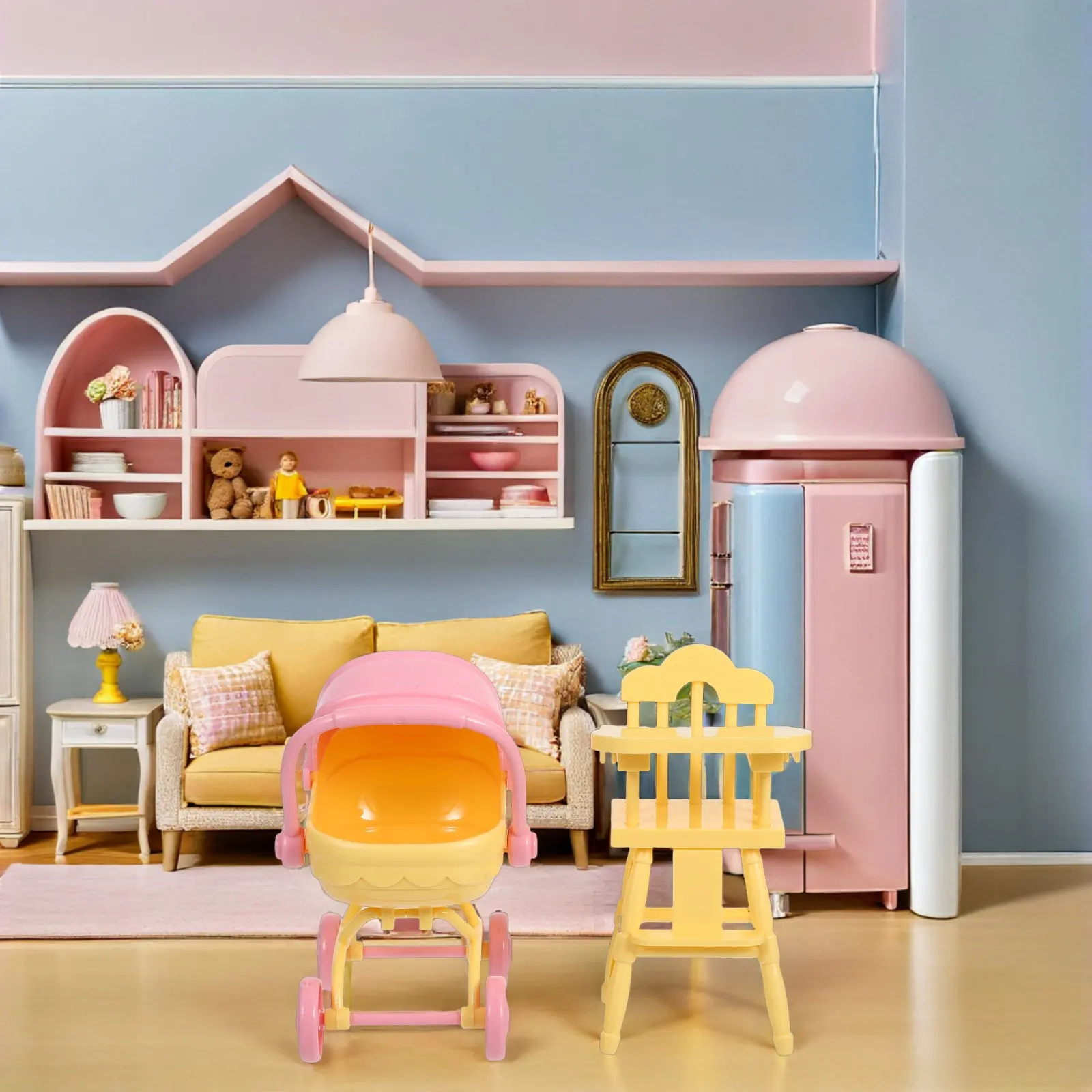 1Set Realistic Miniature Stroller with Highchair Dollhouse Nursery Accessory Set for Pretend Play Space Saving Portable Design