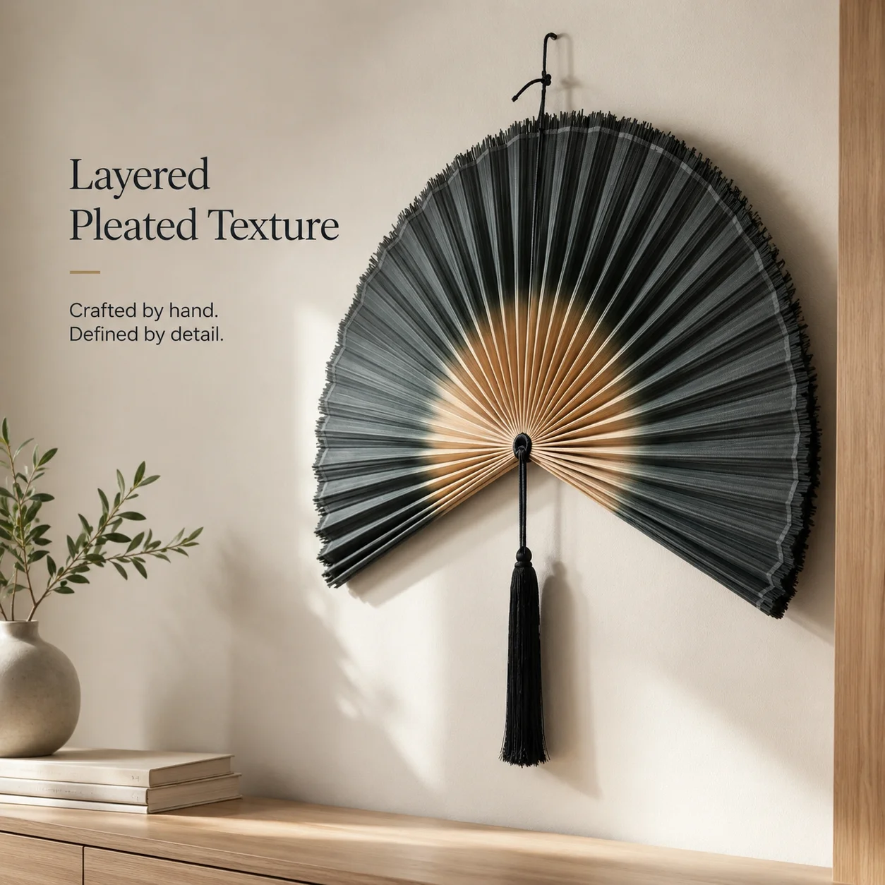 80cm Large Wall Hanging Fan with Tassel, Carbon Blue Gradient Bamboo Decor Fan, Oriental Wall Art Ornament for Living Room Decor