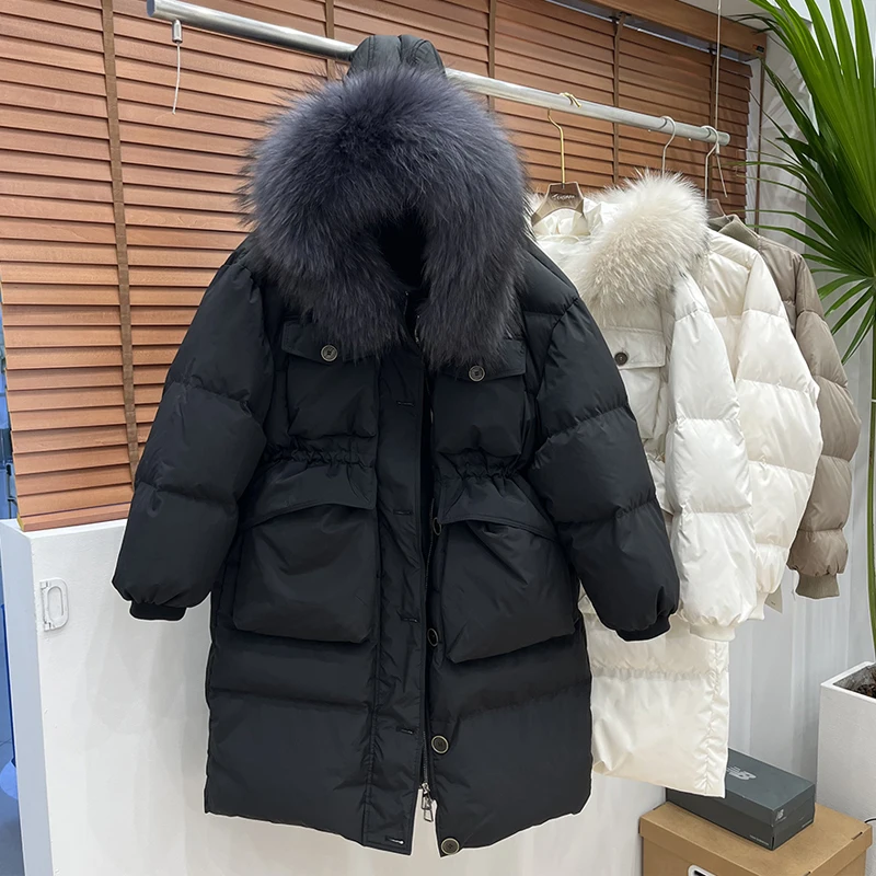 2023 Winter Real Fur Collar Hooded Duck Down Coat Female Rain Feather Parkas Waterproof Winter Women\'s Long Puffer Warm Jacket