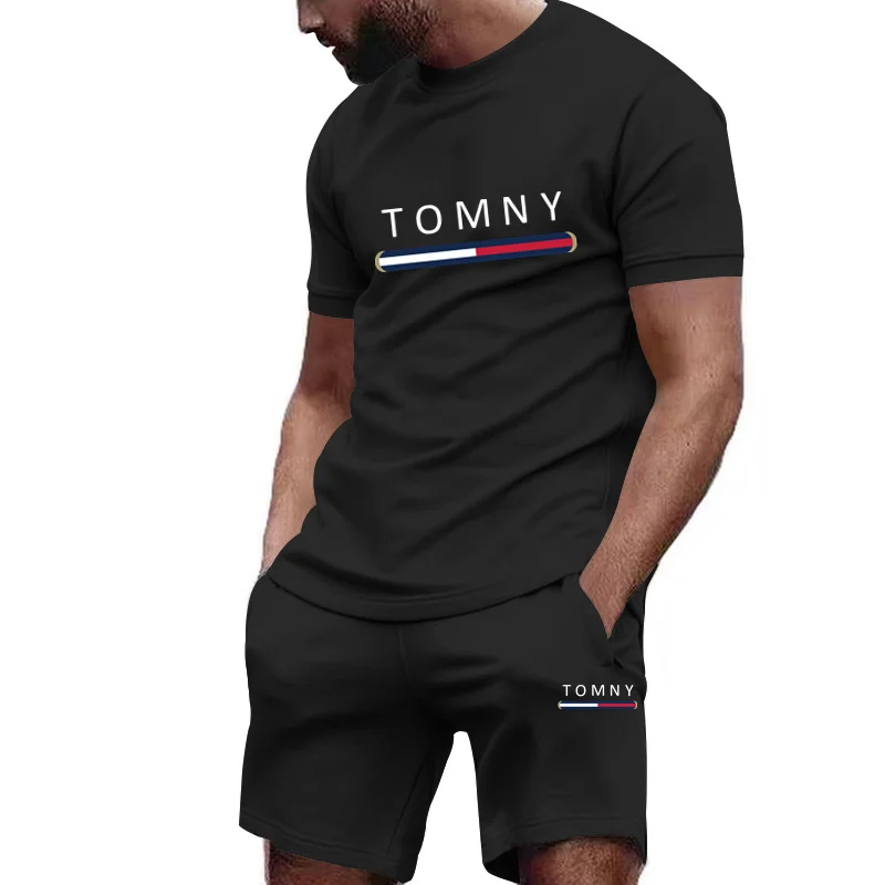 Outdoor Trendy Men's Suit Simple Letter Rose Patchwork Color Round Neck Short Sleeve Shorts Comfortable and breathable material image 4