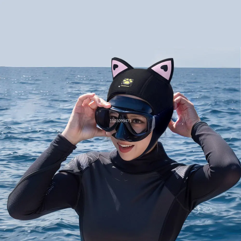 

Неопреновый капюшон для дайвинга 3 мм с ремнями на подбородке, женские милые кошачьи уши, камуфляжная водонепроницаемая шапка, шапки для плавания, подводного плавания, водные виды спорта