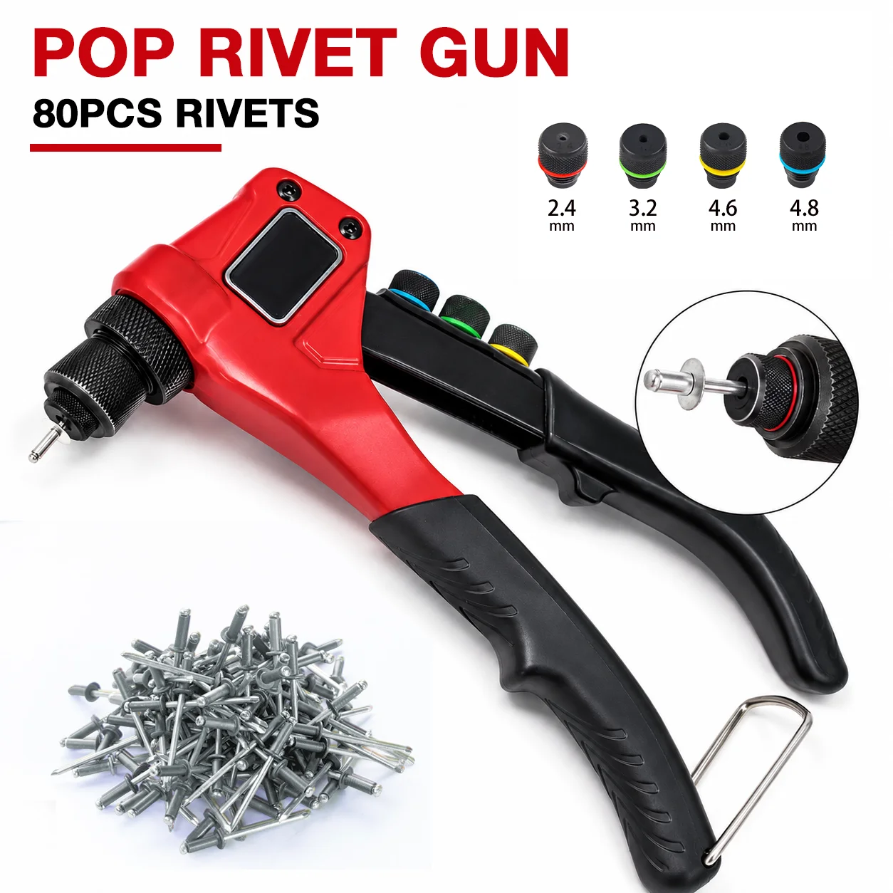 Manual Pop Rivet Gun Set Professional Riveter with 80pcs Rivets 4 Interchangeable Heads Rivet Nut Tool for Metal, Wood and Plastic, DIY Repairs