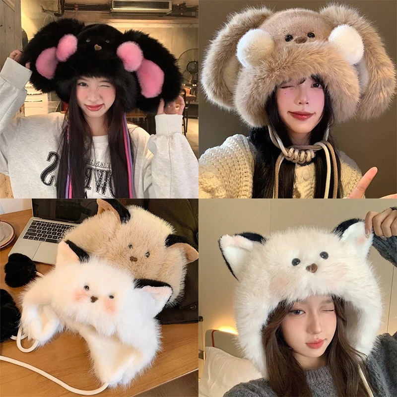 Warm Cute Women's Puppy Ears Moving Plush Hat Autumn And Winter Sweet Girl Thickened Cold-proof Ear Protection Knitted Cap