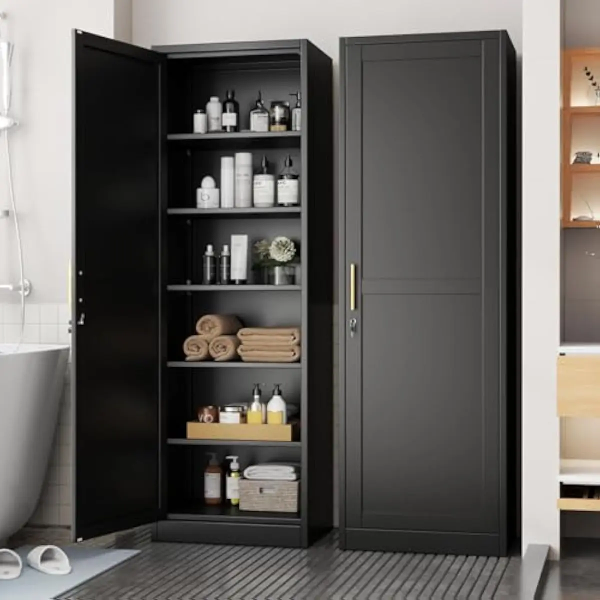 Tall Slim Steel Storage Unit 67 Inch High with Locking Doors and 4 Height-Adjustable Heavy-Duty Shelves for Bathroom Kitchen Off