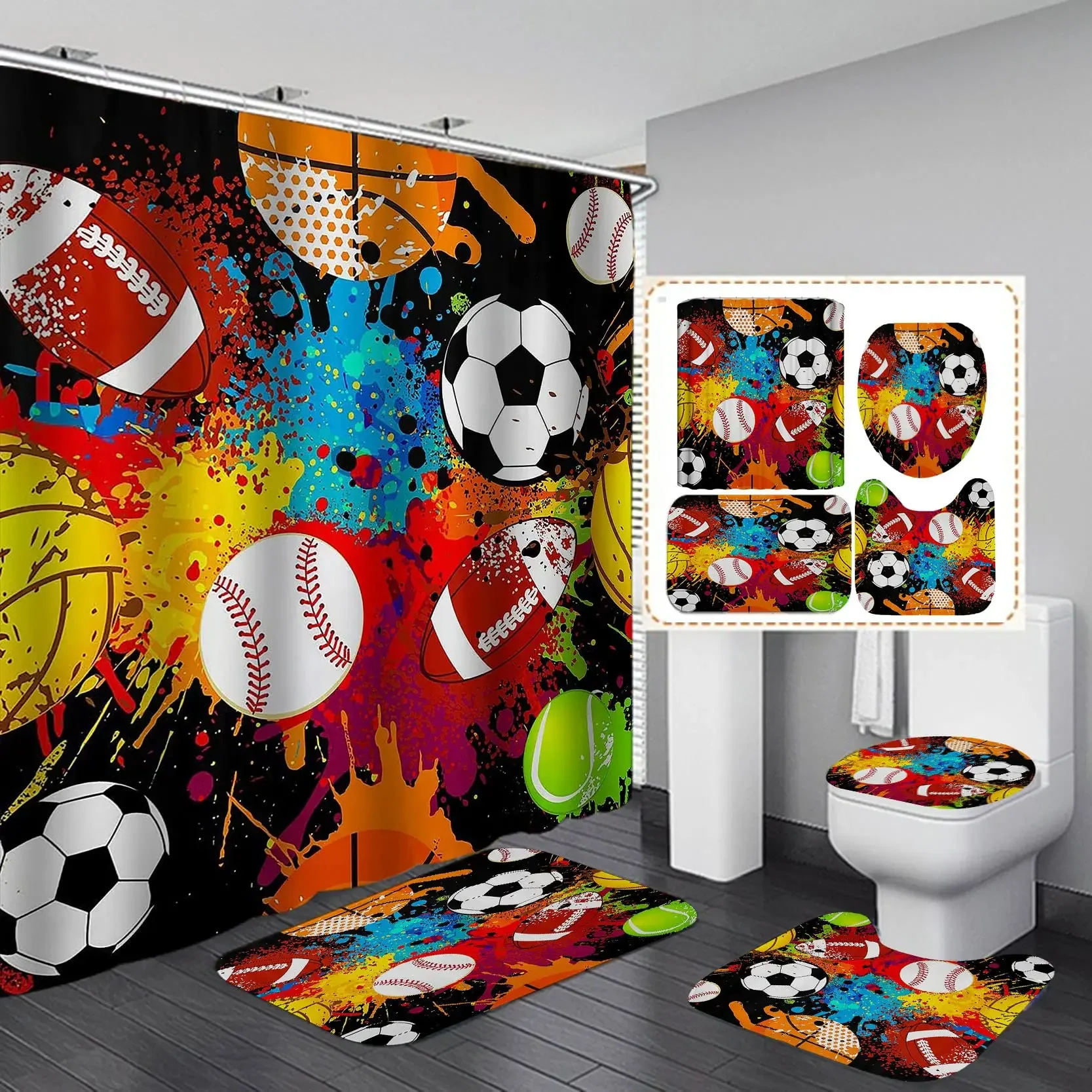 

Спортивная игра, тканевый набор занавесок для душа, крутой баскетбол, футбол, волейбол, регби, бейсбол, граффити, спортивная тема, набор для ванной комнаты, декор