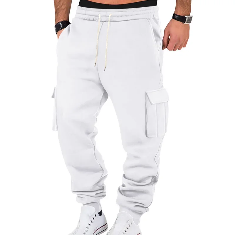 New Autumn Winter Fleece Lined Men's Sweatpants Multi-Pocket Drawstring Cargo Pants Outdoor Sports Joggers Cuffed Sweatpants