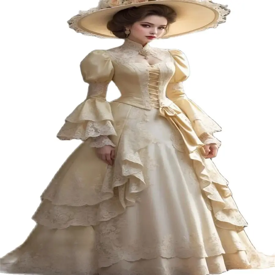 

Victorian Age Gold Prom Dresses 1800s Medieval Renaissance Aesthetic Evening Dress Long Sleeve Lace Caucasian Party Customized