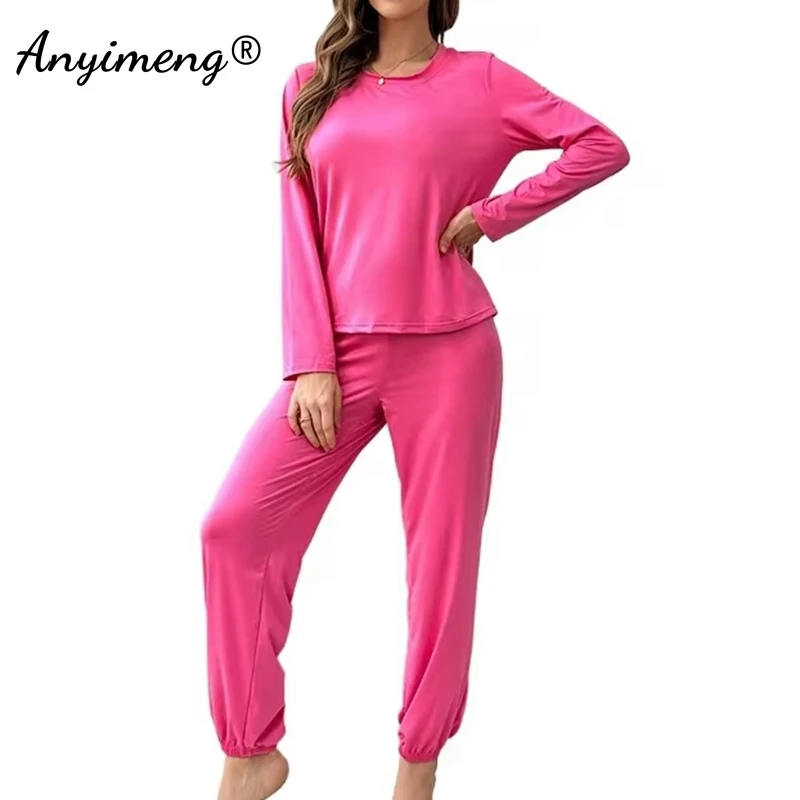 Autumn Winter Women Pajamas Long Sleeves Long Pants Pajama Milk Silk Rose Nightwear Solid Leisure Homesuit Girls Loungewear