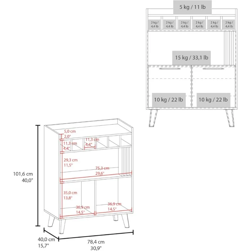 Modern Sideboard Bar C  inet with Six Bottle Cubbies, Four Shelves and Two Doors, Dark Wengue Finish Wine Rack for Living