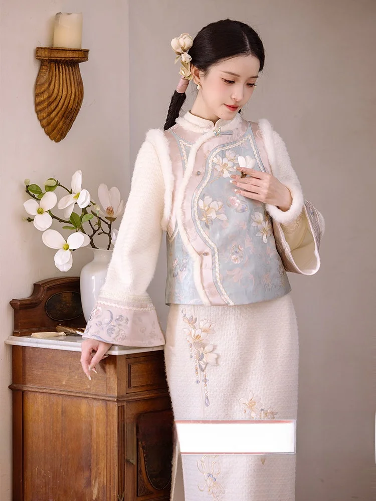 

Традиционный китайский комплект Ханьфу для женщин: жилет с вышивкой из шелка Чуань Дай Игуань Лань Ю Бинг, теплый зимний вариант