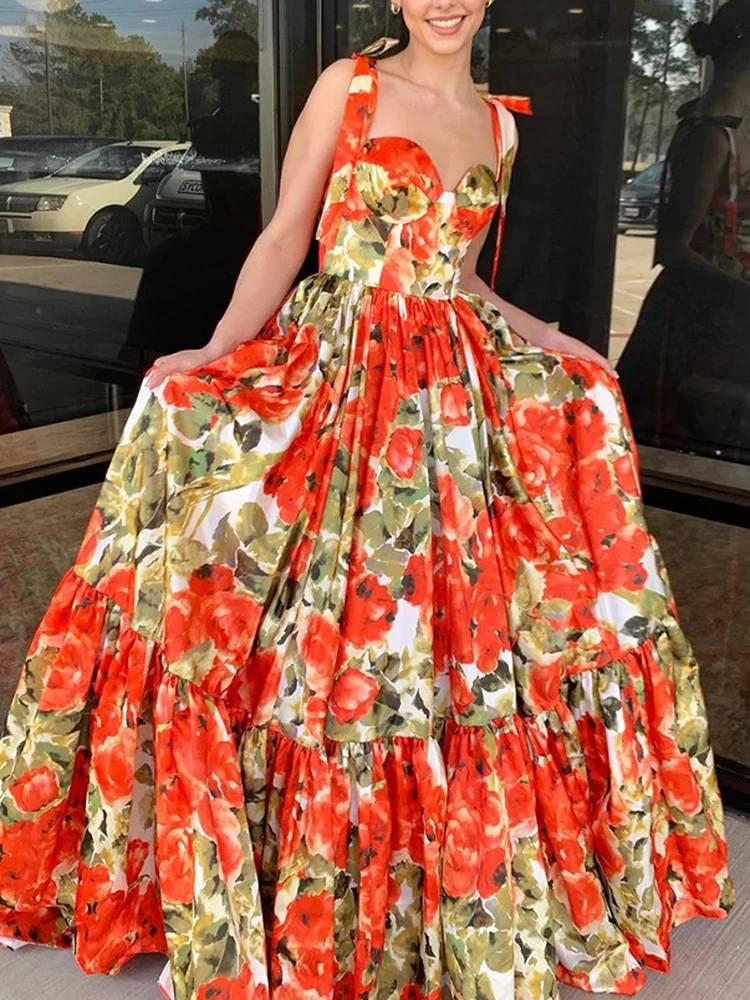 New Backless Printing Big Swing Dresses Spring Women Sleeveless Wrap the Chest Dress Summer High Waist Zipper Floor Length Dress