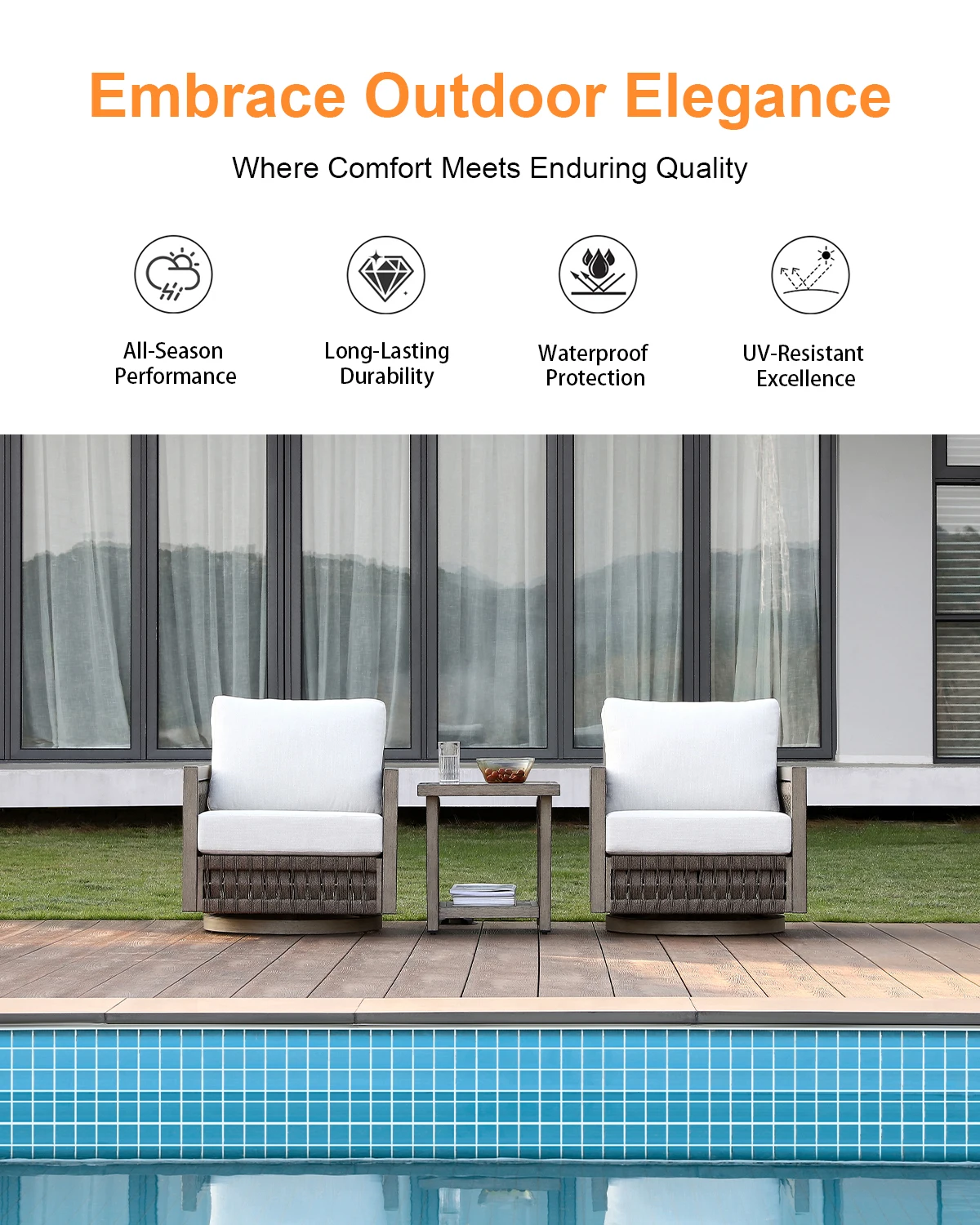 Conjunto de móveis giratórios para pátio externo, alumínio, 3 cadeiras, almofadas grossas e laváveis para pátios, hotéis, parques, varandas, varandas