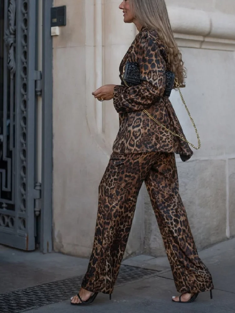 New Arrival Independent Station Fashion Set Leopard Print Lapel Suit Jacket High Waist Wide Leg Pants Two Piece Set Women's Wear