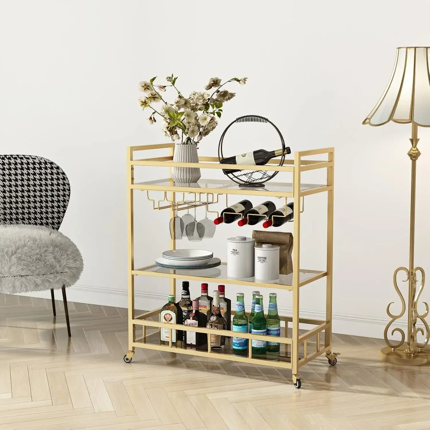 

[New Arrival, Limited Stock!]Gold Bar Cart on Wheels with Bottle Storage Wine Glass Holder Rolling Serving Cart for Indoor Outdo
