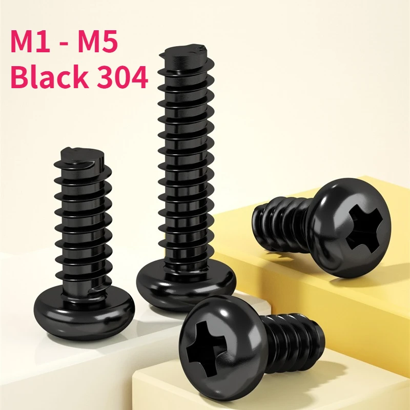 M1 M1.2 M1.4 M1.7 M2 M2.3 M2.6 - M5 Black 304 Stainless Steel Mini Phillips Cross Recessed Pan Head Flat Tail Self-tapping Screw
