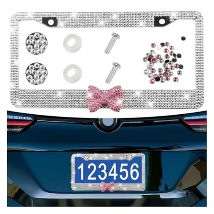

Bling Bow Car License Plate Frame, Sparkly Rhinestone Automotive License Plate Holder with Screws, Stainless Steel Vehicle Tag