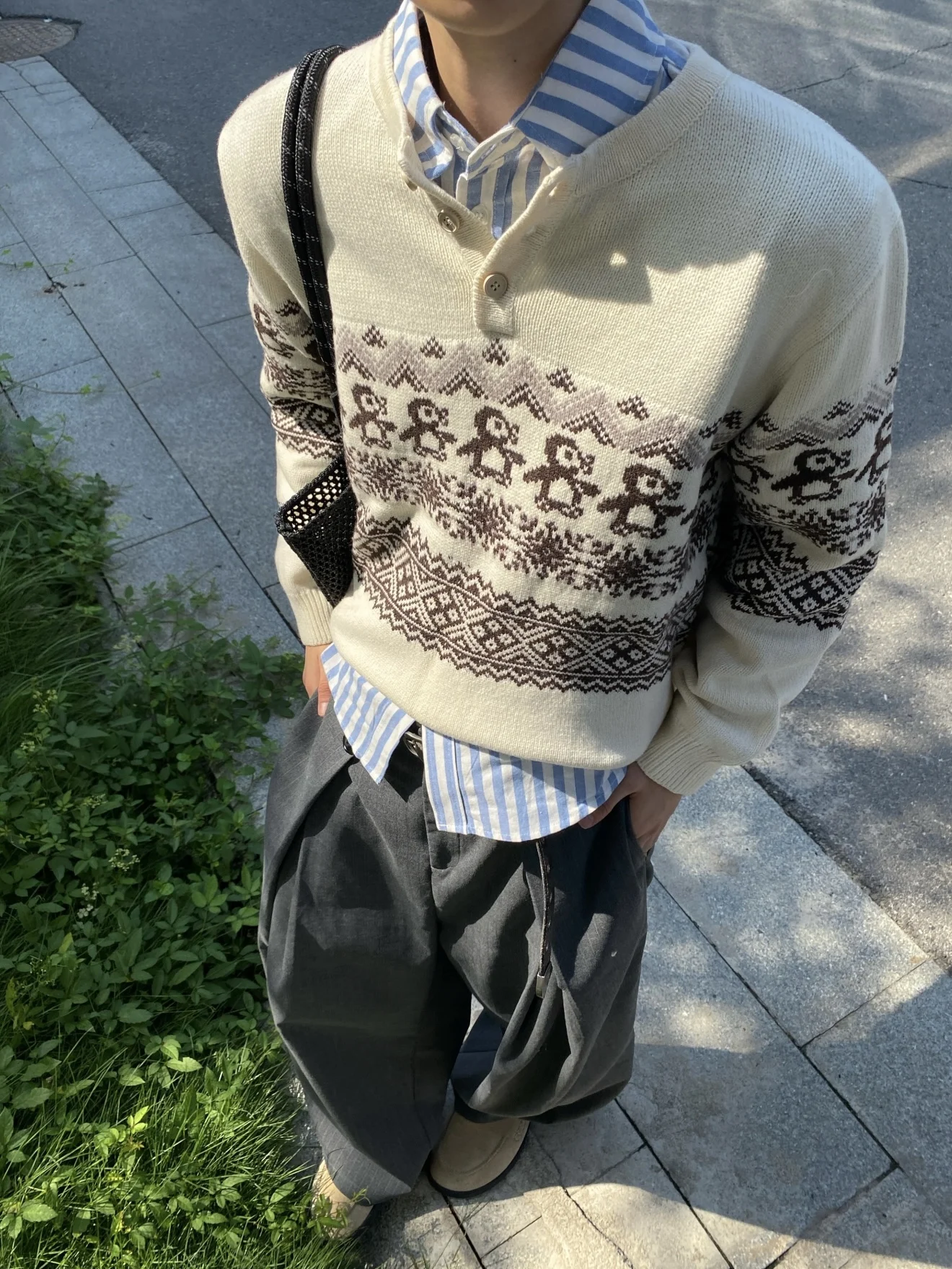 Cisas ペンギン レトロ フェアアイル ニット ラウンドネック セーター メンズ カジュアル 秋冬 多用途デザイン ロング丈 暖かい...