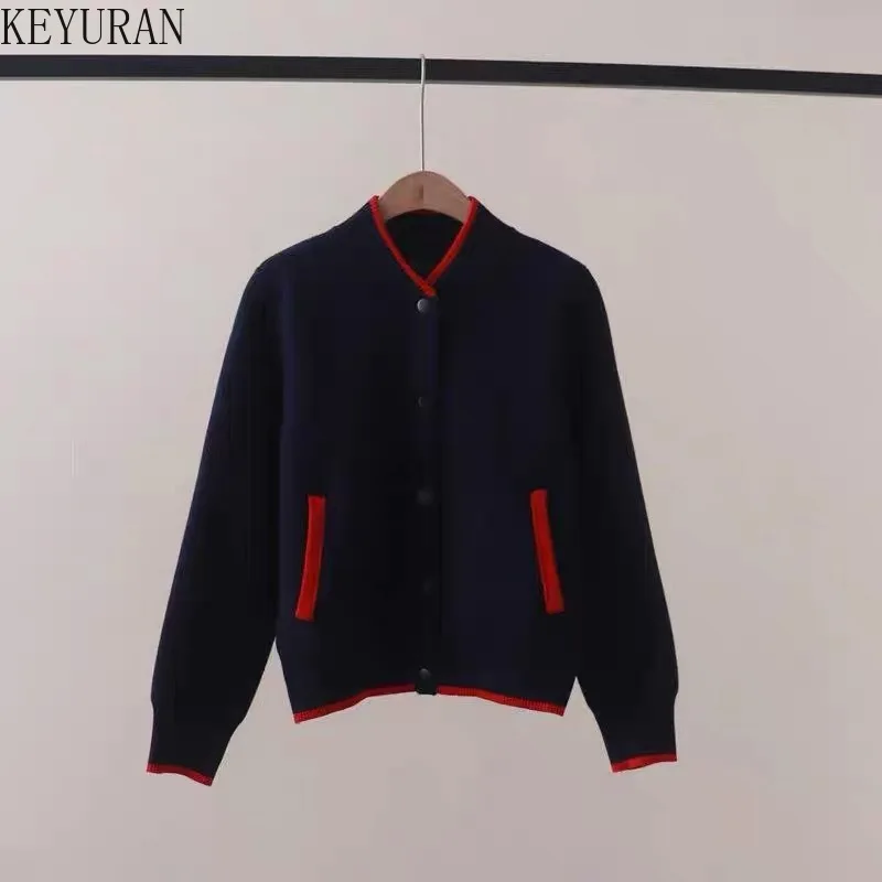 Autumn Winter Baseball Collar Knitted Cardigan Coat Women Contrast Color Sailboat Jacquard Pattern Long Sleeved Sweater Jacket