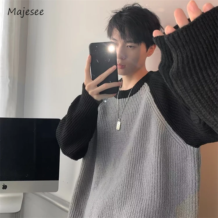 

Sweaters Pen Daily Warm Simple All-match Spring Autumn Patchwork Contrast Color Classic Japanese Style Male Knitwear Pullovers