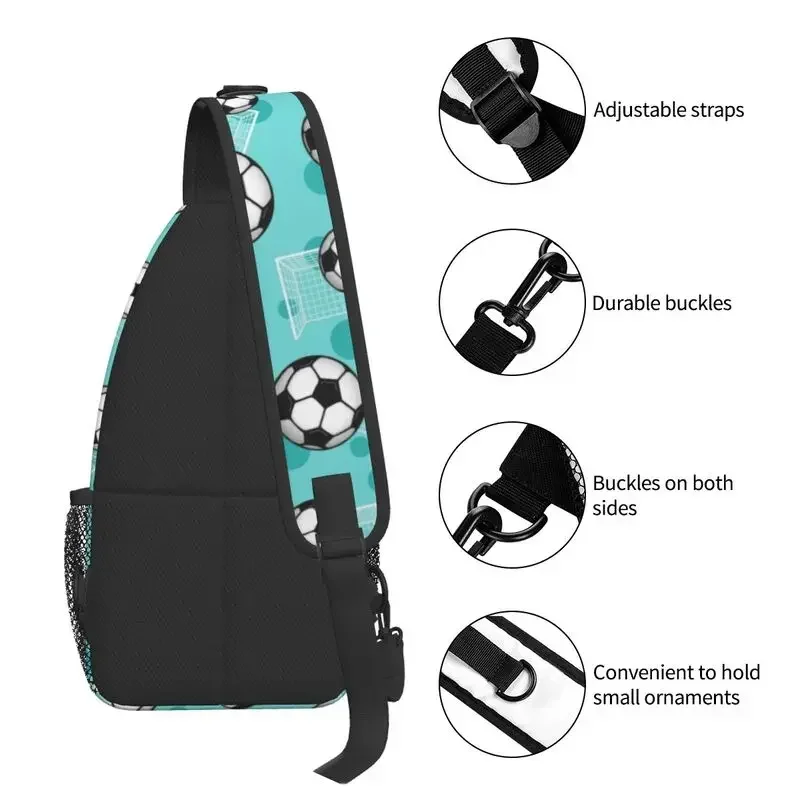 Mochila cruzada con estampado de balón de fútbol y portería para hombre, bolso de hombro personalizado para el pecho, viaje, senderismo y día