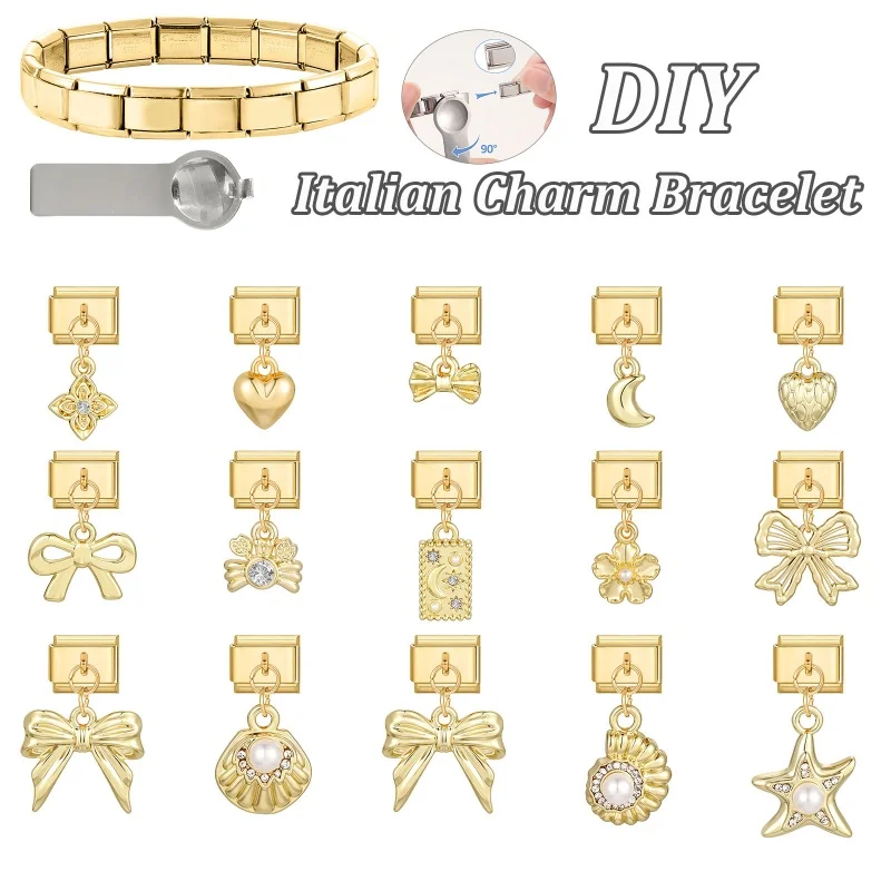Y2K Moon Stars Flowers Crab Shell Bow Italian Charm Links Fit 9mm Stainless Steel Bracelet Women Fashion DIY Making Jewelry Gift