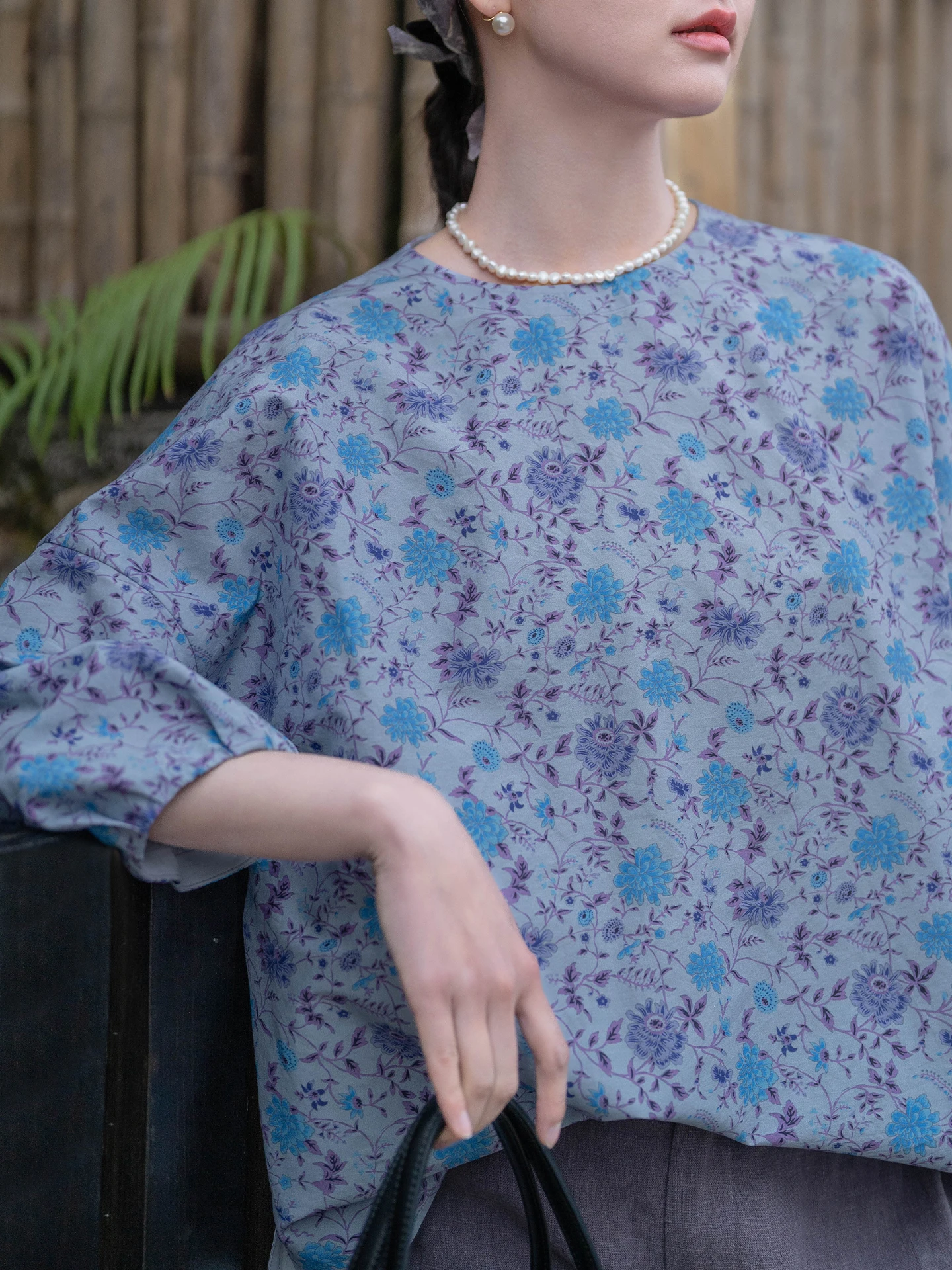 Spring New Arrival 19 Momme 6A Grade  Silk Cotton Printed round Neck Oversized Cover up Shirt Women's Fashion Loose Fit