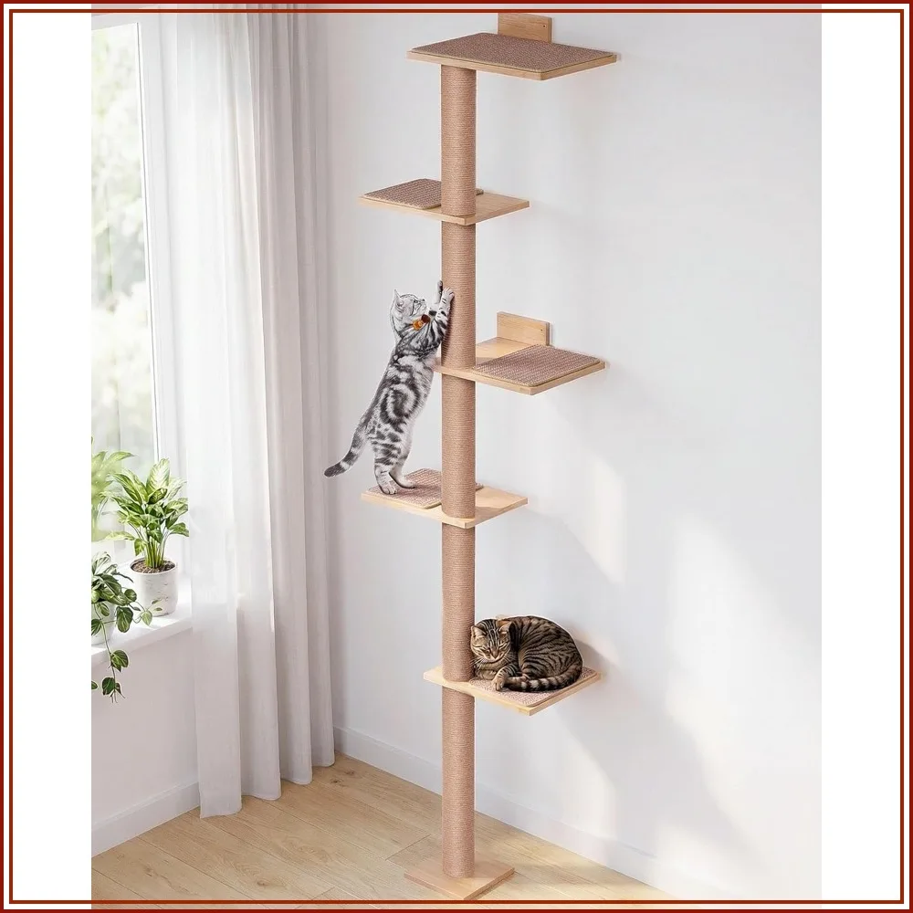 

80.3" Tall Cat Tree for Wall, 5 Tier Floor to Ceiling Cat Tower, Adjustable Wall Mounted Cat Tree with 15.7" Top Perch Bed for Large Cats