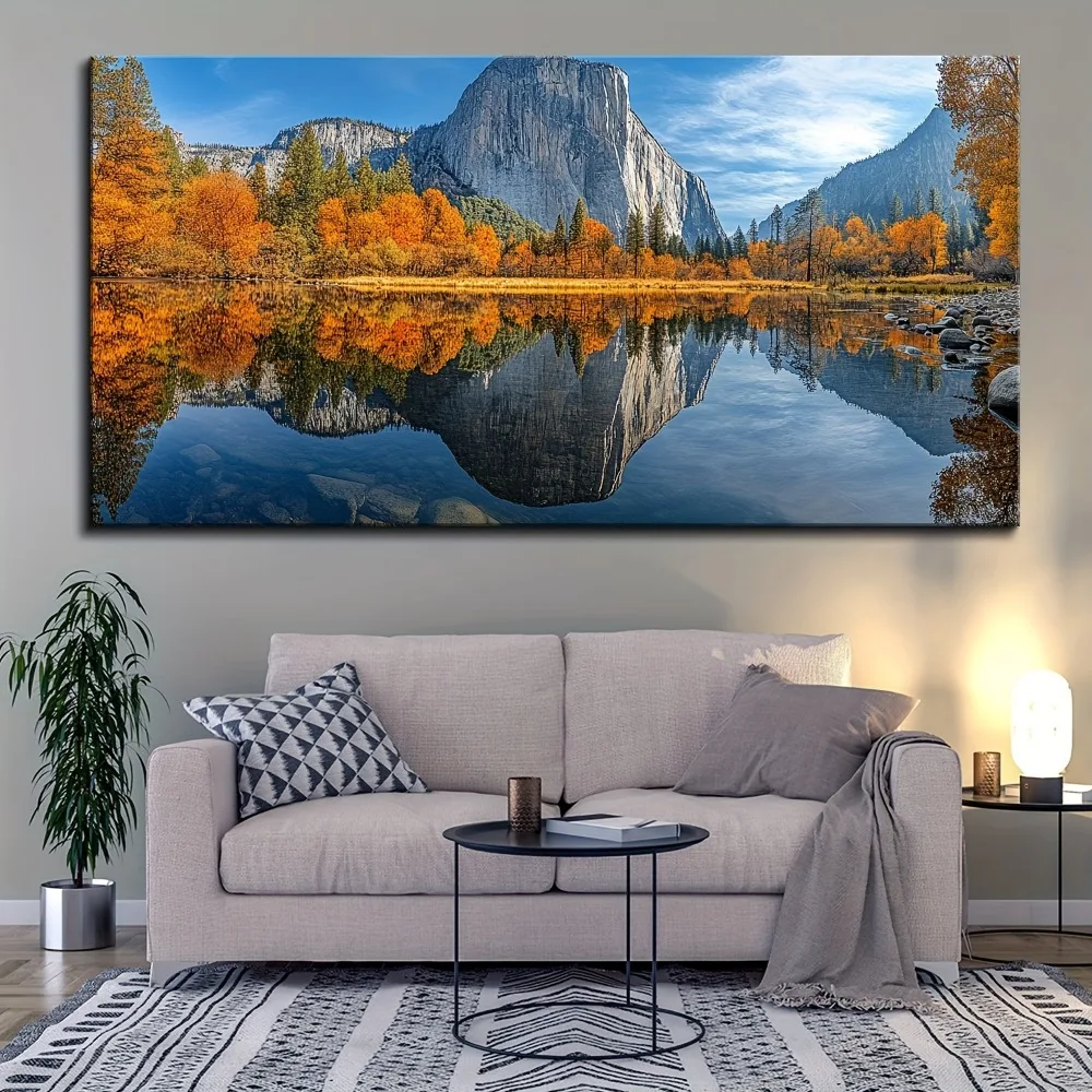 1.5 inch thick pine solid wood frame,beautiful scenery of lake and mountain sunrise and sunset, printed art, painting decoration