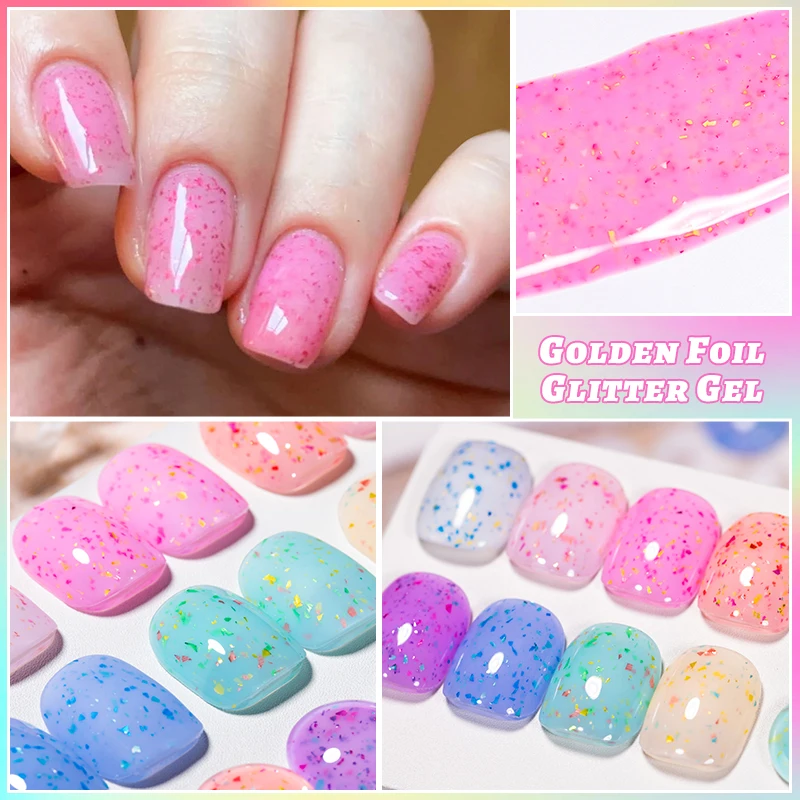 MEET ACROSS 7ml Golden Foil Glitter Gel Nail Polish UV/LED Soak-off Sparkling Foil Sequins Nail Art Gel Manicure Nail Supplies
