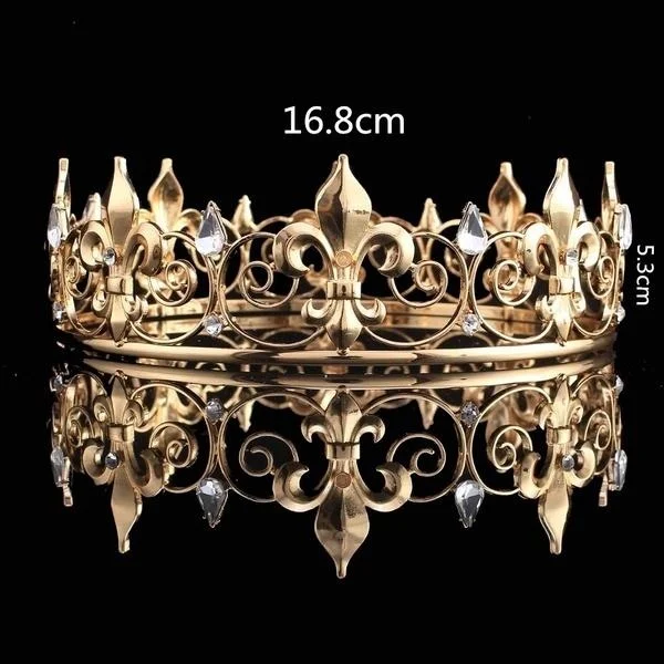 Fashion Gold Prom Accessories King Men's Crown Round Imperial Medieval Gold Rhinestone Tiara