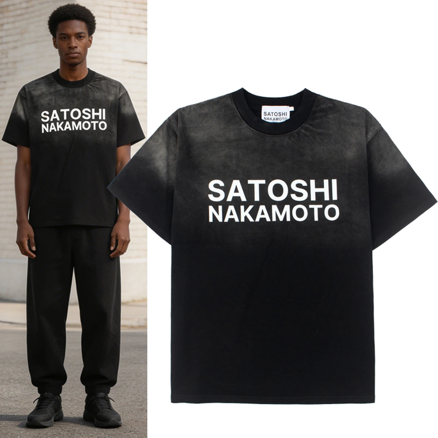

Men's and Women's Casual Summer Oversized T-Shirt with Classic Letter Logo Print, Satoshi T-Shirt, Washed Black Pure Cotton T-Shirt