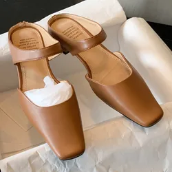 danxuefei plus size 34-42 women's genuine leather slip-on flats summer slides square toe casual female mules sandals shoes women