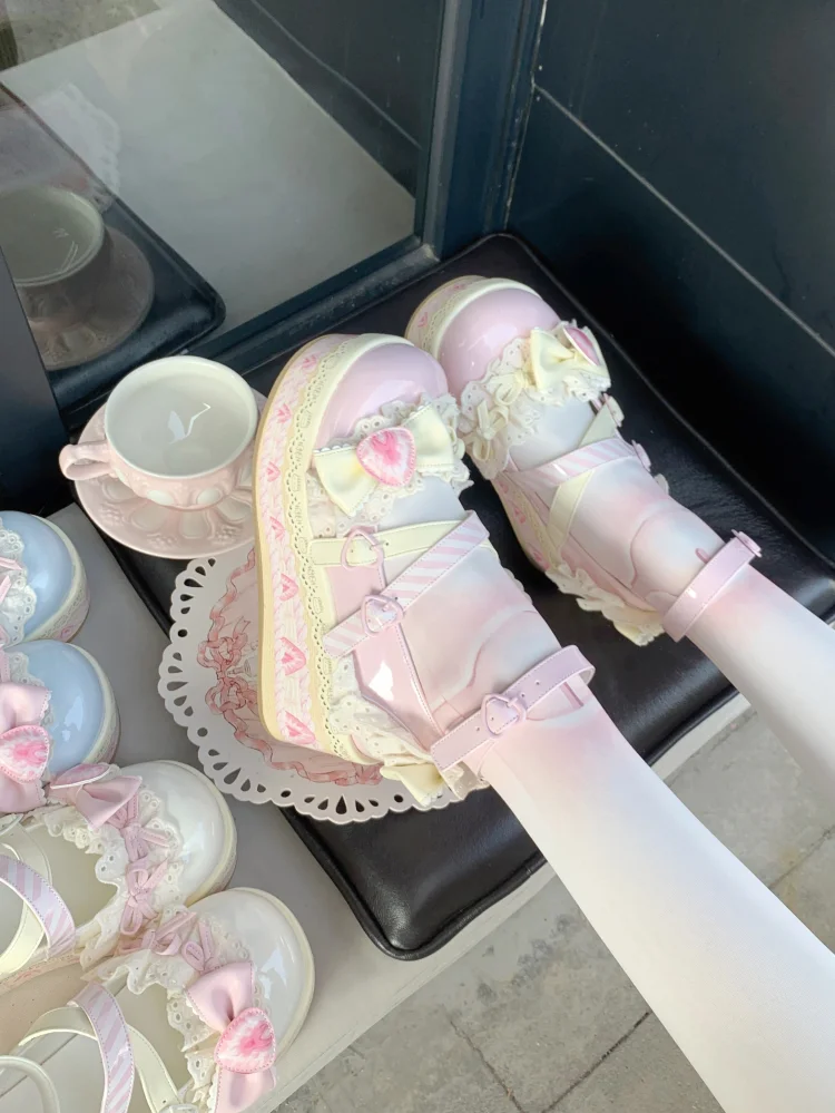 Japanese Original Strawberry Bow Lolita Muffin Shoes Female Cute Sweet Girl Macaron Exquisite Platform Single Shoes for Women