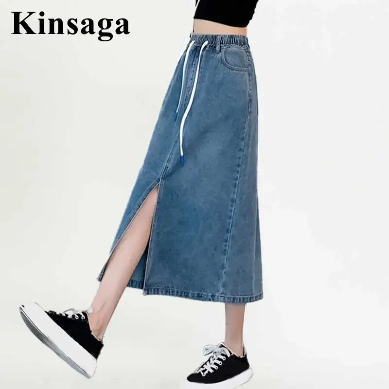 

Women Elastic Drawstring Waist Mid Calf Long Jeans Skirts 4XL Summer Preppy 90'S Girl Front Split Vintage Retro Blue Denim Skirt