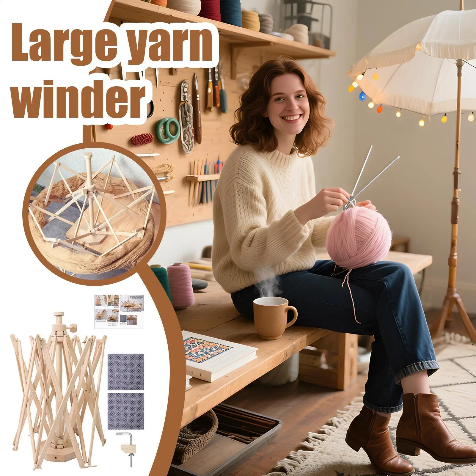 

Деревянный держатель-зонт для намотки пряжи, большой намотчик для пряжи, инструмент для вязания, для семьи, друзей, женщин, любителей рукоделия, на праздники