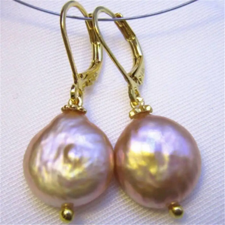 

15-16 MM huge purple fresh water Baroque pearl coin Pearl earrings Dangle Crystal Everyday Beaded Bohemian Gemstone Gold