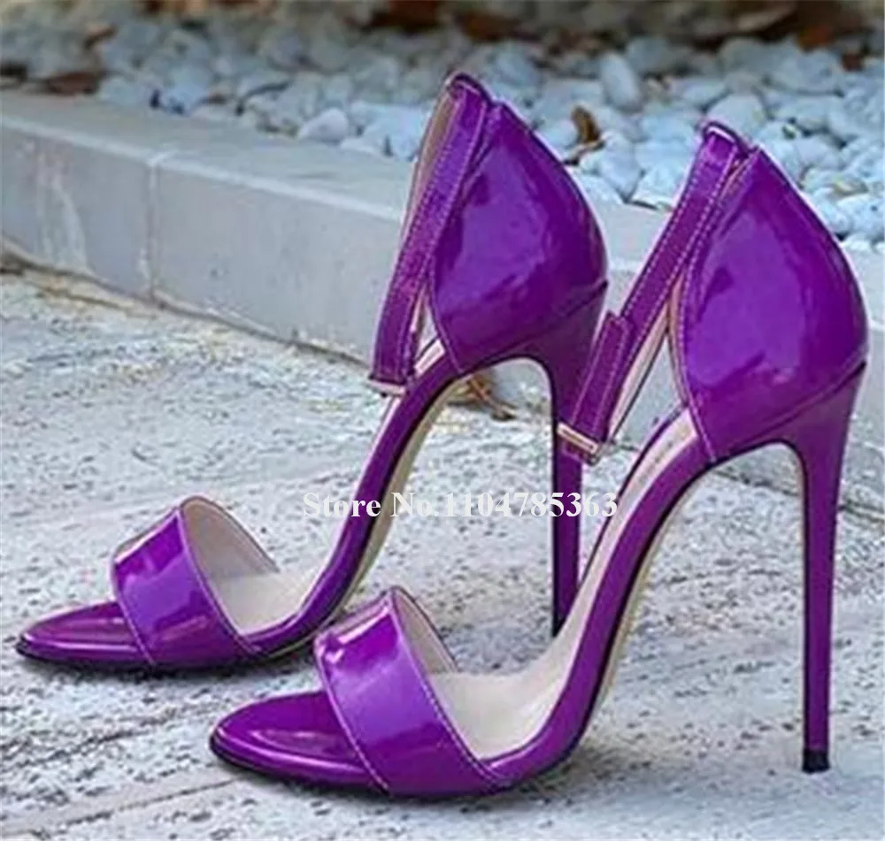 

Classical Style One Strap Stiletto Heel Sandals Sexy Open Toe Ankle Strap Purple White Patchwork Patent Leather Party Heels