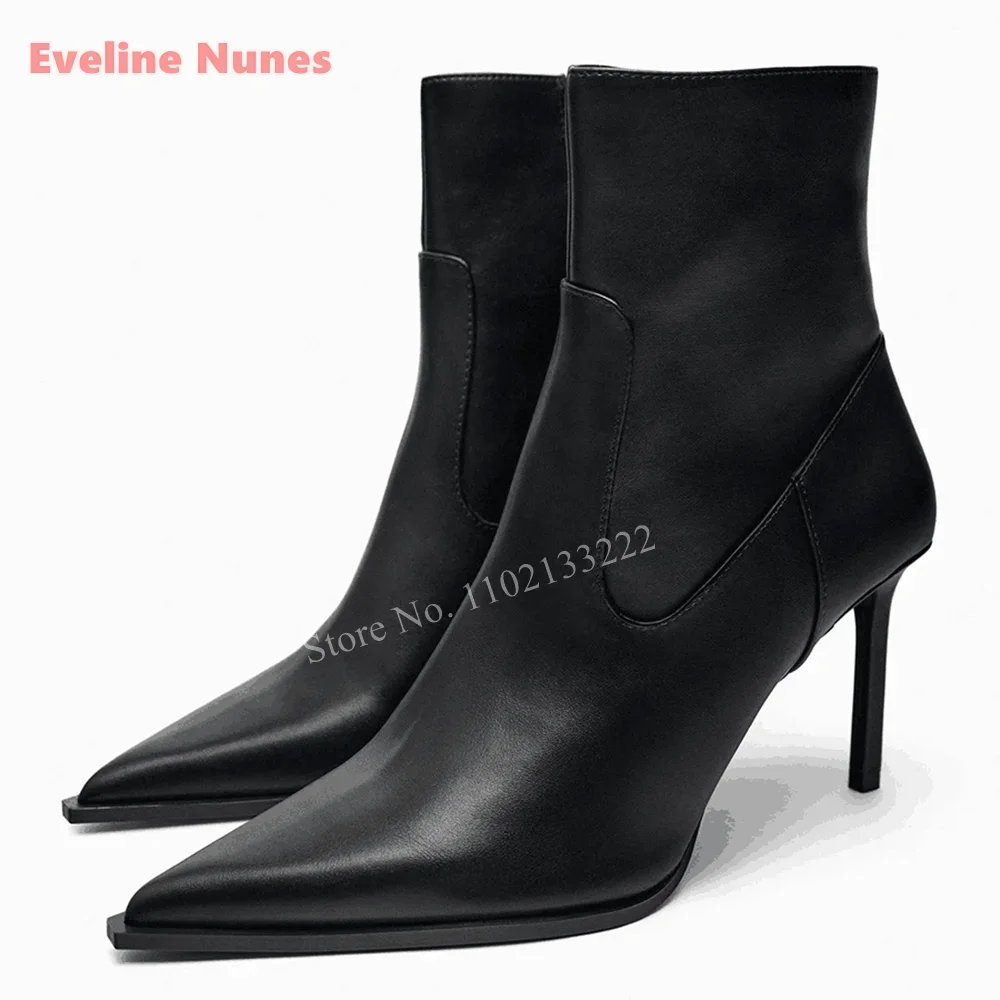

Black Pointed Toe Leather Ankle Boots Women's Solid 9cm Thin High Heel Side Zipper Fashion Show Party Custom Stiletto Shoes