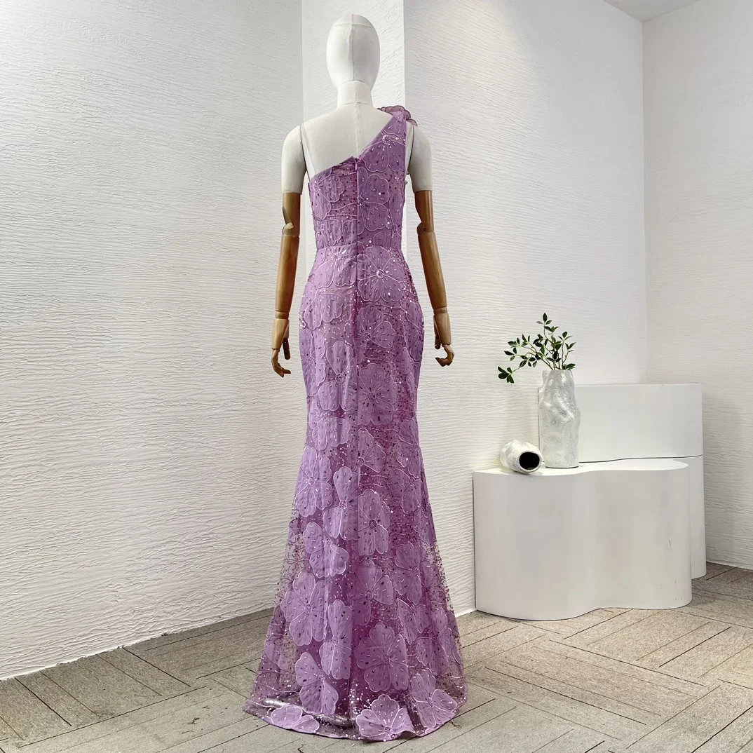 2024 New Purple Violet One Shoulder perline con paillettes ricamo fiore Maxi vestito per le donne