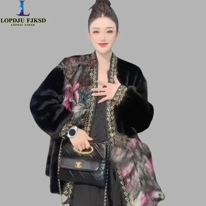 Faux Mink Fur Coats for Women,Spliced Fox Fur Jackets,Covered Butto Overcoat,Female Clothes,Thicken Warm,Luxury,New ,Winter,2025