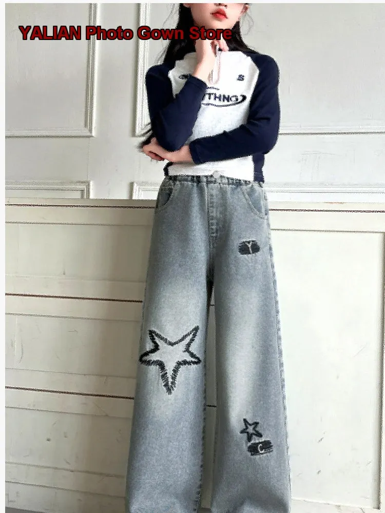 Girls Denim Wide Leg Pants Kids Spring Autumn Slim Fit Narrow Leg Light Wash Older Kids Summer
