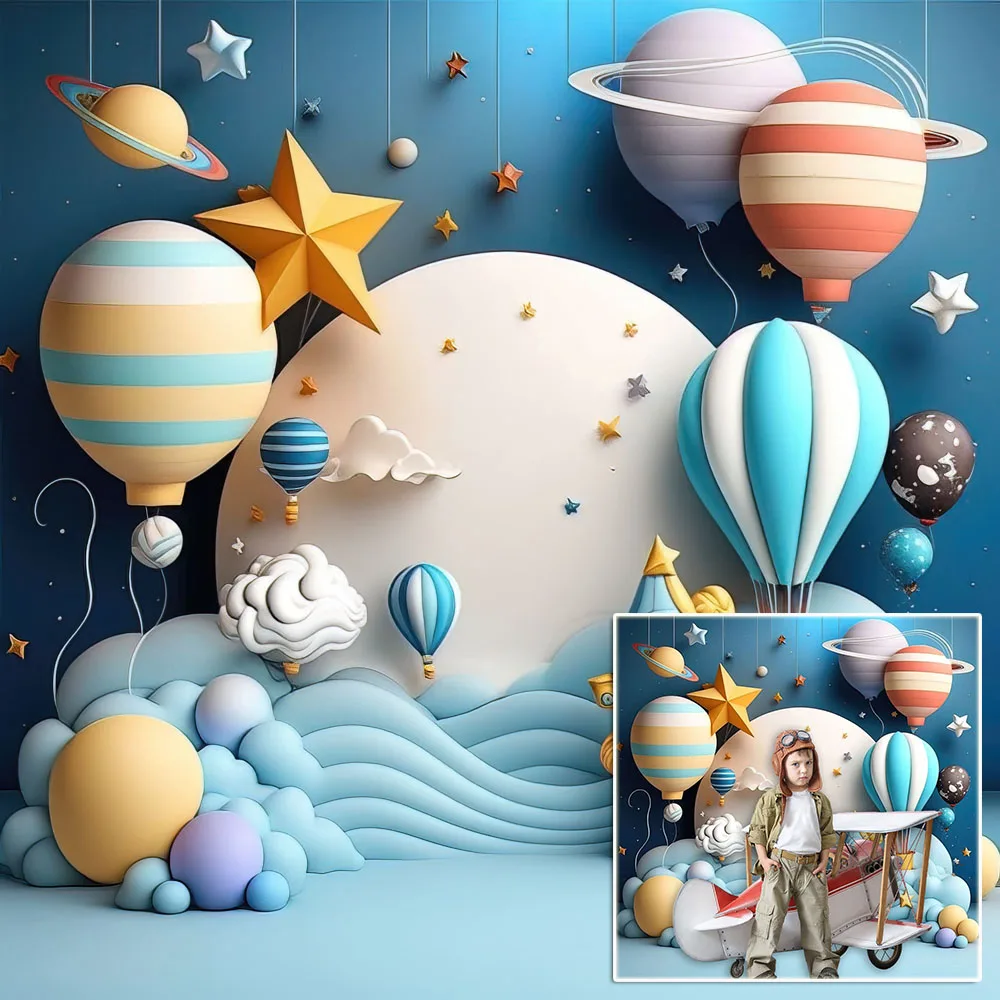 Newborn 1st Birthday Portrait Photo Background Photography Studio Props Cartoon Hot Air Balloon Sea Waves Moon Decor Backdrop