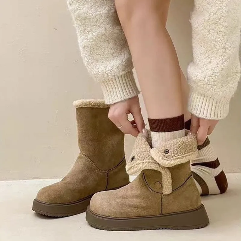 Flats Platform Women Snow Boots Warm Short Plush Cotton Shoes 2026 Winter Trend Sneaker Chelsea Boots Casual Comfort Mujer Botas