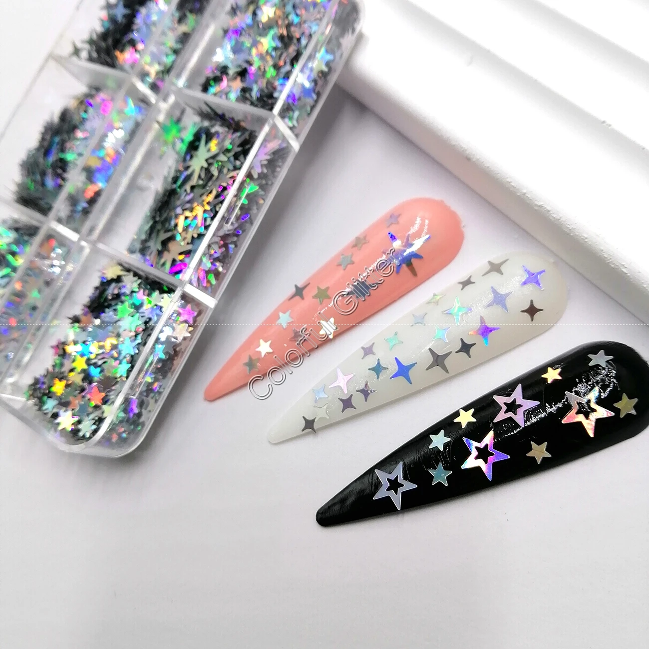 Decoración holográfica de plata octogonal, mezcla de purpurina, Estrella hueca, lentejuelas gruesas, forma de escama, pintura facial, arte de uñas, maquillaje corporal, bricolaje, 6 cuadrículas