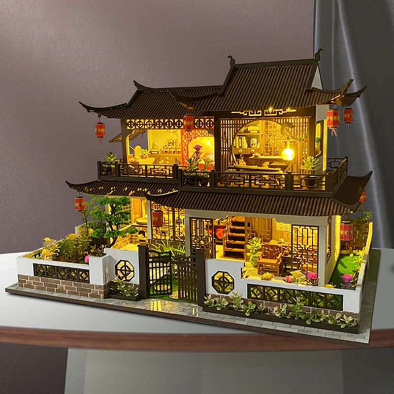 DIY Wooden Doll House Miniature Building Kits Chinese Villa Dollhouse With Furniture Light Big Casa Toys for Girls Birthday Gift