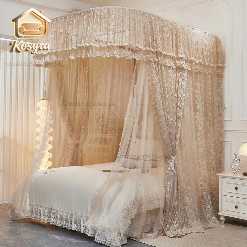 New double-layer lace guide rail mosquito net three-door thickened aluminum alloy bracket mosquito-proof bed princess style