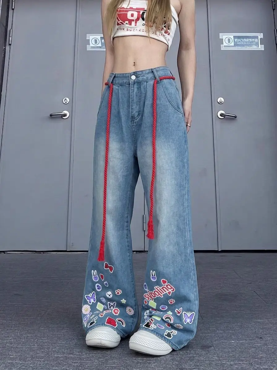 Women's Colorful Printed Pattern Wide Leg Jeans Street Cool Girl Bottoms Casual Denim Pants Female High Waist Baggy Trousers